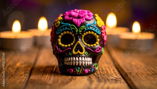 Colorful Sugar Skull with Candles on Wooden Table.