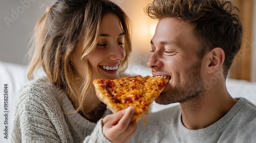 Pizza Slice Shared Delight: A loving couple shares a moment of joy, with a delicious pizza slice, eyes closed in shared culinary bliss.