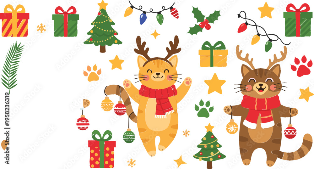 Obraz premium Festive Christmas Cats with Ornaments, Gifts, and Holiday Decorations – Cute Winter Vector Set with Trees, Stars, and Holiday Cheer