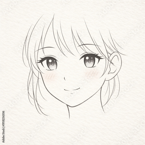 Soft Anime Girl Portrait, Minimal Line Art Illustration