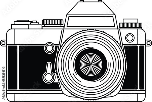 Vintage film camera illustration with circular lens, analog photography equipment design, retro technology artwork, classic photo device concept, detailed line drawing inspiration