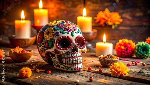 Day of the Dead Sugar Skull Celebration with Candles and Flowers.