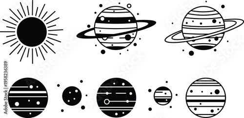 Stylized solar system icons, sun with rays, planets with rings, celestial bodies illustration, astronomy design, cosmic art, space exploration concept