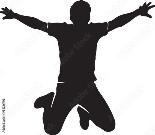 A silhouette of a man jumping in the air with his arms outstretched in a joyful expression