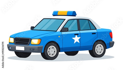 Cartoon Police Car with Flashing Lights and Star Emblem.