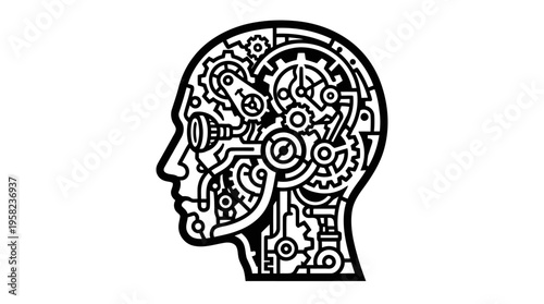 Steampunk Automaton Head Profile with Gears and Cogs, Vintage Technology Monochrome Vector