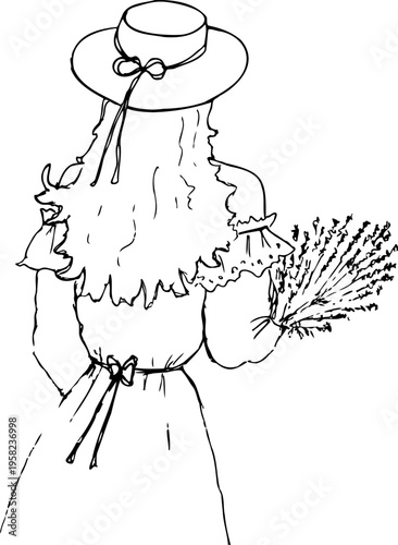 Vector hand drawn illustration of a girl in straw hat with bouquet of lavender isolated on a white background.