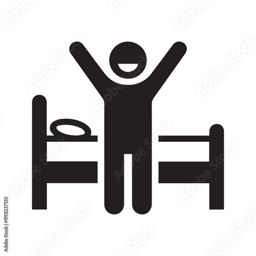 Person Waking Up and Stretching at Bed Silhouette Vector Icon
