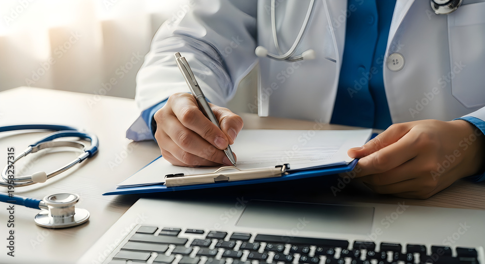Fototapeta premium Doctor writing on clipboard with stethoscope and computer nearby