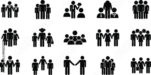 Collection of black silhouettes representing various group sizes and interactions