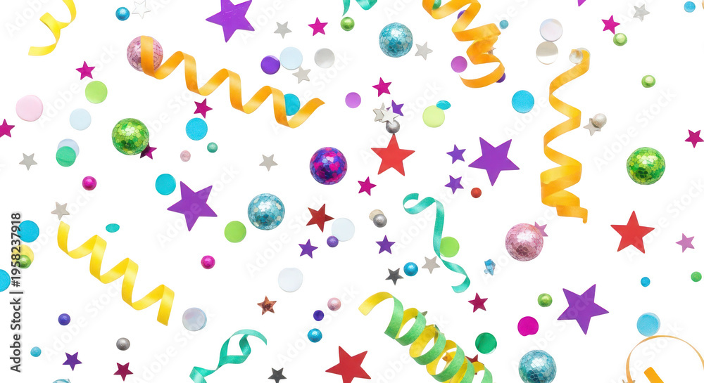 Fototapeta premium Colorful party decorations with streamers and confetti