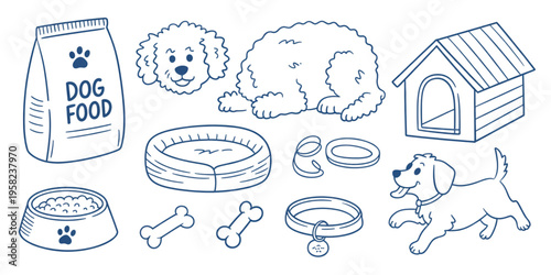 Collection of various pet supply icons featuring dogs and accessories in a simple line art style Vector