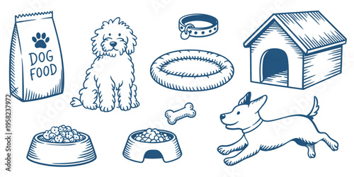 Collection of various pet care items including dogs, food bowls, a doghouse and accessories shown Vector