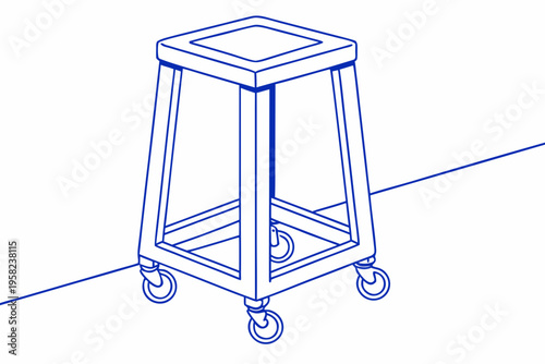 A blue line drawing of a rolling stool with a square seat and four legs