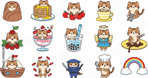 Cute Hamster Character Vector Set Featuring Food Dessert Drink Occupation and Fantasy Scenes Cartoon Mascots for Kids Design Sticker Style Flat Illustration Collection