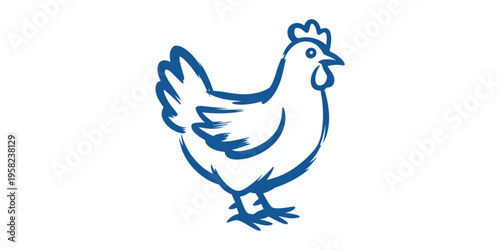 A simple hand drawn blue ink sketch of a domestic chicken standing in a profile view position Vector