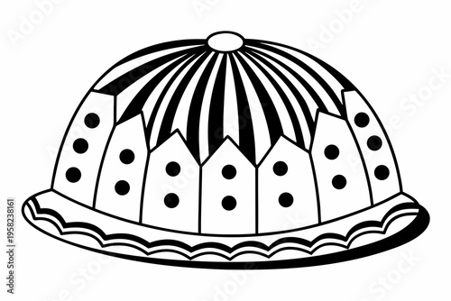 A black and white illustration of a cloche hat with a decorative design