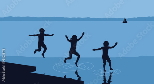 Vector illustration of three people jumping into water