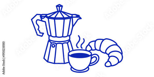 A classic moka pot coffee maker alongside a steaming cup of coffee and a fresh buttery croissant Vector