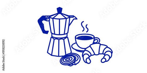 A classic moka pot coffee maker alongside a steaming cup of hot beverage and a flaky croissant Vector