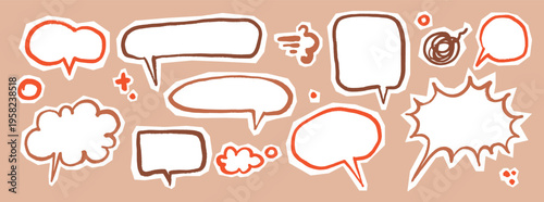 Scribble Speech Bubble Doodle Pack. Playful hand drawn elements in childish crayon or marker style. Kids Comic text boxes, sticker elements with rough cutout edges for scrapbook, journaling