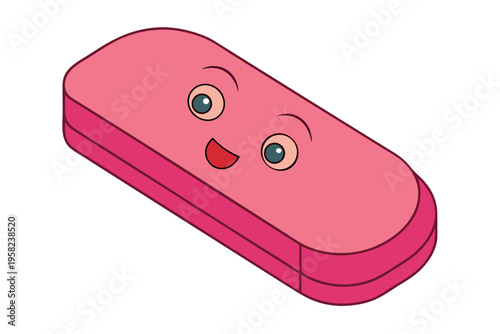 A cute cartoon pink eraser with a smiling face on a white background