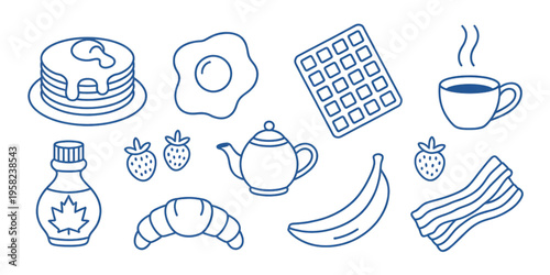 Set of blue outline icons representing a variety of breakfast foods and morning beverage items Vector