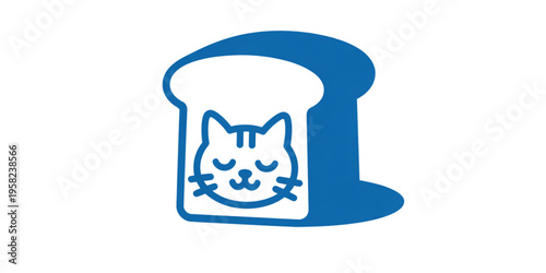 A blue flat icon design featuring a cute kitten face centered inside a slice of toasted bread Vector