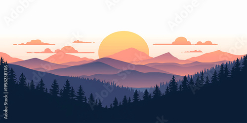 Sunset Mountain Landscape with Pine Forest Silhouette and Warm Gradient Sky