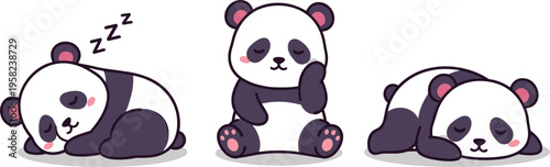 Cute Panda Sleeping Vector Illustration Set Featuring Adorable Cartoon Bear Characters Resting Sitting and Lying Down for Kids Design Kawaii Style Flat Collection