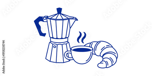 A classic moka pot coffee maker alongside a steaming cup of coffee and a fresh buttery croissant Vector