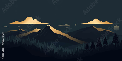 Night Mountain Landscape with Minimal Forest Silhouette and Moonlit Sky Illustration