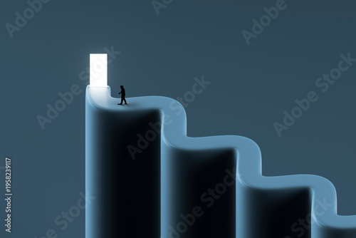 3D exit curved path with lone figure and glowing doorway