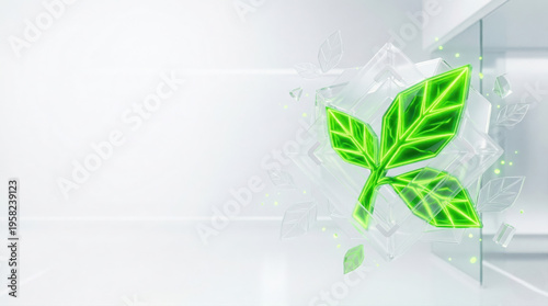 Abstract eco-friendly technology background with geometric shapes on the right and clean white negative space on the left. Ideal for renewable energy presentations and ESG reports.