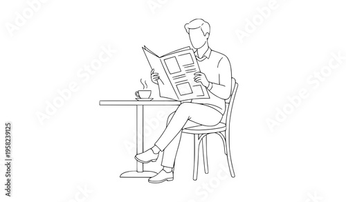 Line art man reading newspaper at cafe with coffee relaxed lifestyle vector illustration isolated on white background