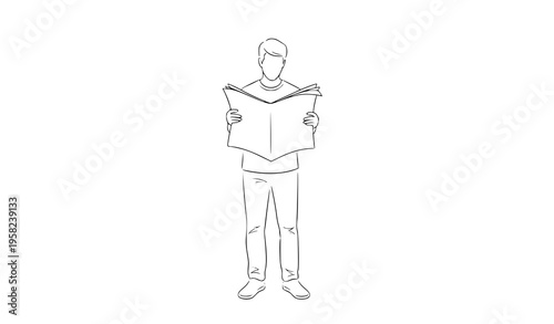 Simple outline man reading newspaper standing lifestyle vector illustration isolated on white background