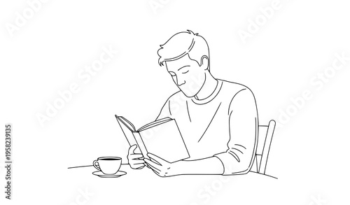 Minimal line art man reading book at cafe drinking coffee urban lifestyle vector illustration isolated on white background
