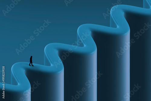 3D curved growth path with walking figure on blue structure