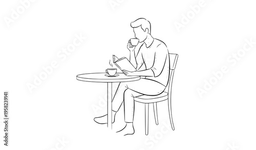 Line drawing man relaxing at cafe reading and drinking coffee lifestyle vector illustration isolated on white background