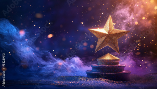 Golden star trophy award on pedestal with abstract background of glowing particles and nebulae. Celebration event winner prize, achievement concept.
