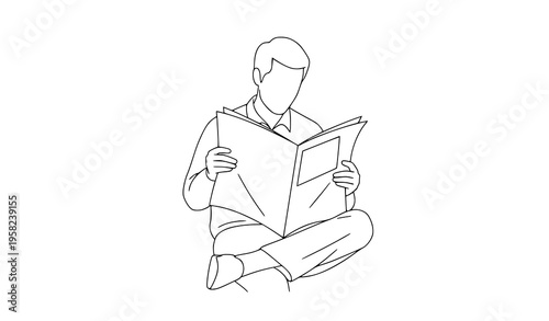 Line drawing man reading newspaper simple outline vector illustration isolated on white background
