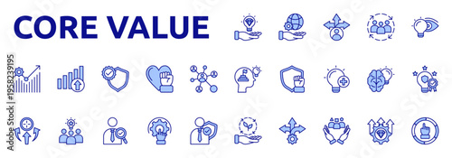 Core Value icon set two color style with responsibility, guidance, inclusion, vision, development, growth, integrity, passion icons