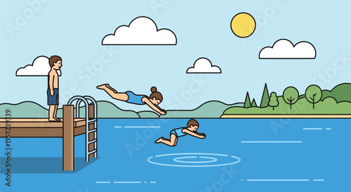 Vector illustration of people swimming and jumping into a lake on a sunny day