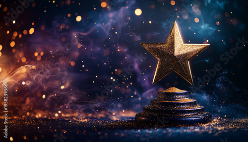 Golden star trophy award on pedestal with abstract background of glowing particles and nebulae. Celebration event winner prize, achievement concept.