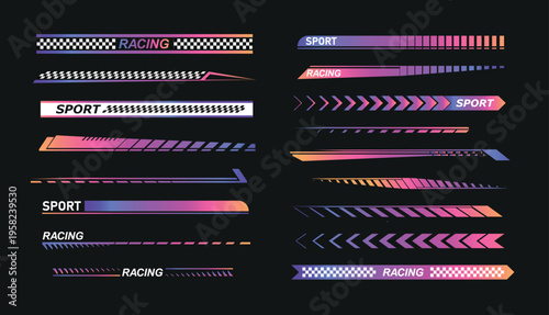 Sport car racing stripes and speed decals collection. graphic stickers with arrows, flames, and bold designs for auto, moto, bike customization and rally vehicle wraps. Vector illustration