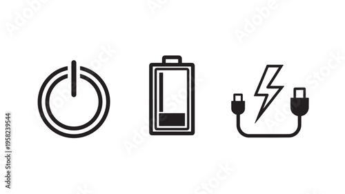 Battery Charging Icons Set with Cable Plug Lightning Bolt and Power Symbols for Energy and Technology Concepts