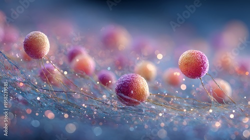 Delicate spheres with textured surfaces and vibrant pink hues hover amidst a soft, ethereal network of glowing filaments and bokeh effects.