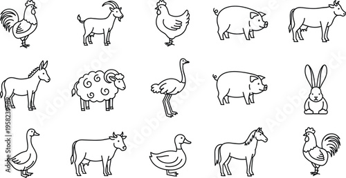 Farm Animals Outline Icon Set Vector Illustration with Cow Pig Sheep Goat Chicken Duck Horse and Rabbit Symbols for Agriculture Design