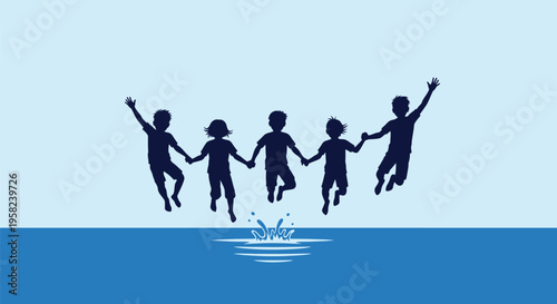 Set of 4 jumping kids vector silhouettes