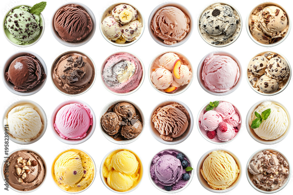 Fototapeta premium Top-down photograph of a vibrant grid of various ice cream scoops in bowls, featuring diverse flavors and toppings.